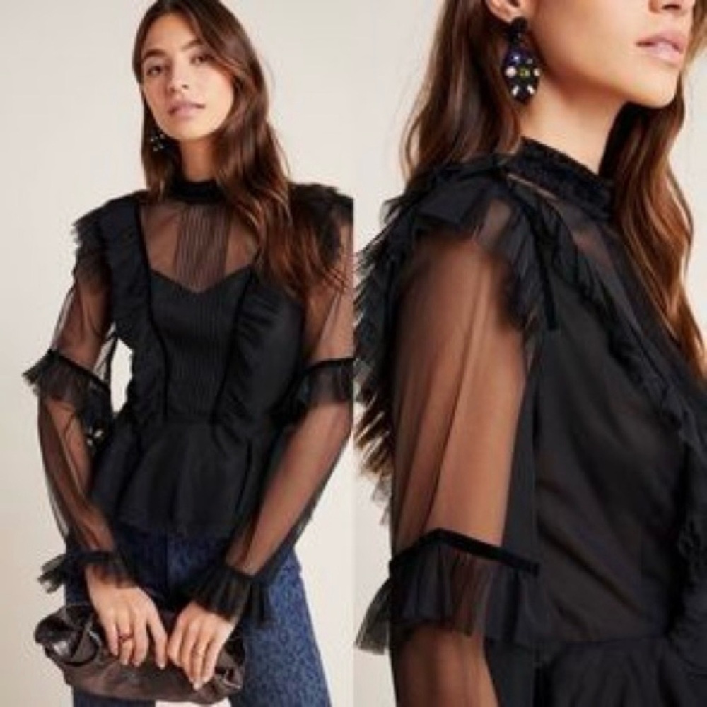 GEISHA DESIGNS ♣️ Sheer Long-Sleeved High-Neck Blouse - Size 10